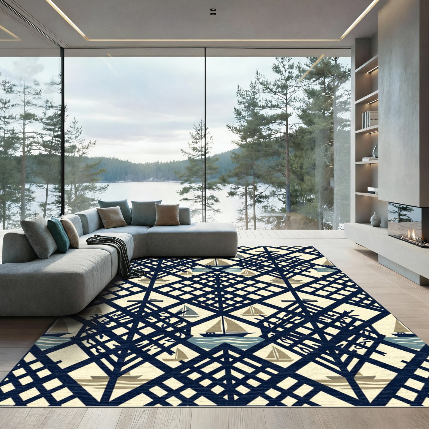 Navy Sailboats Beach Lattice Rug