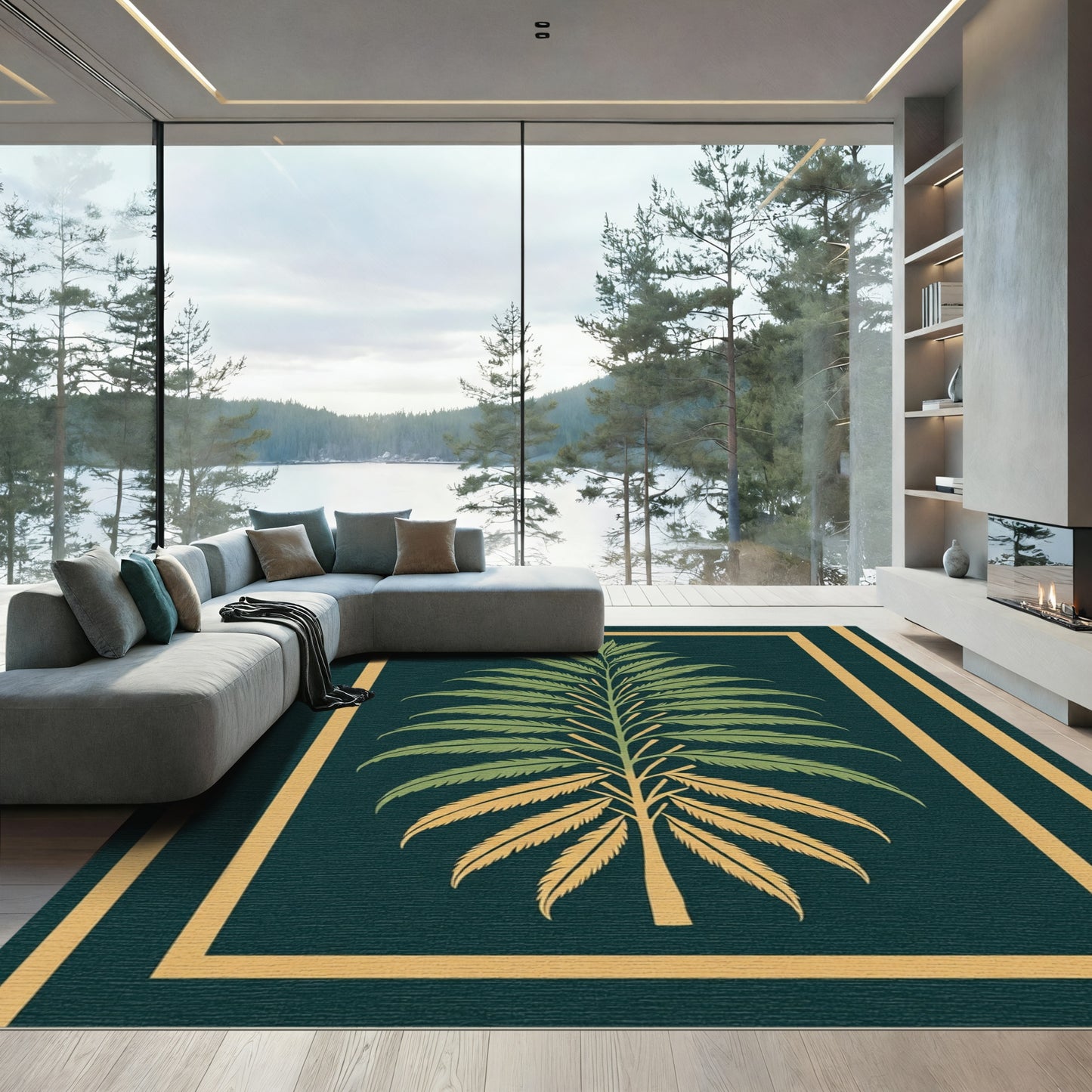 Emerald Green Fern Tree Border Rug