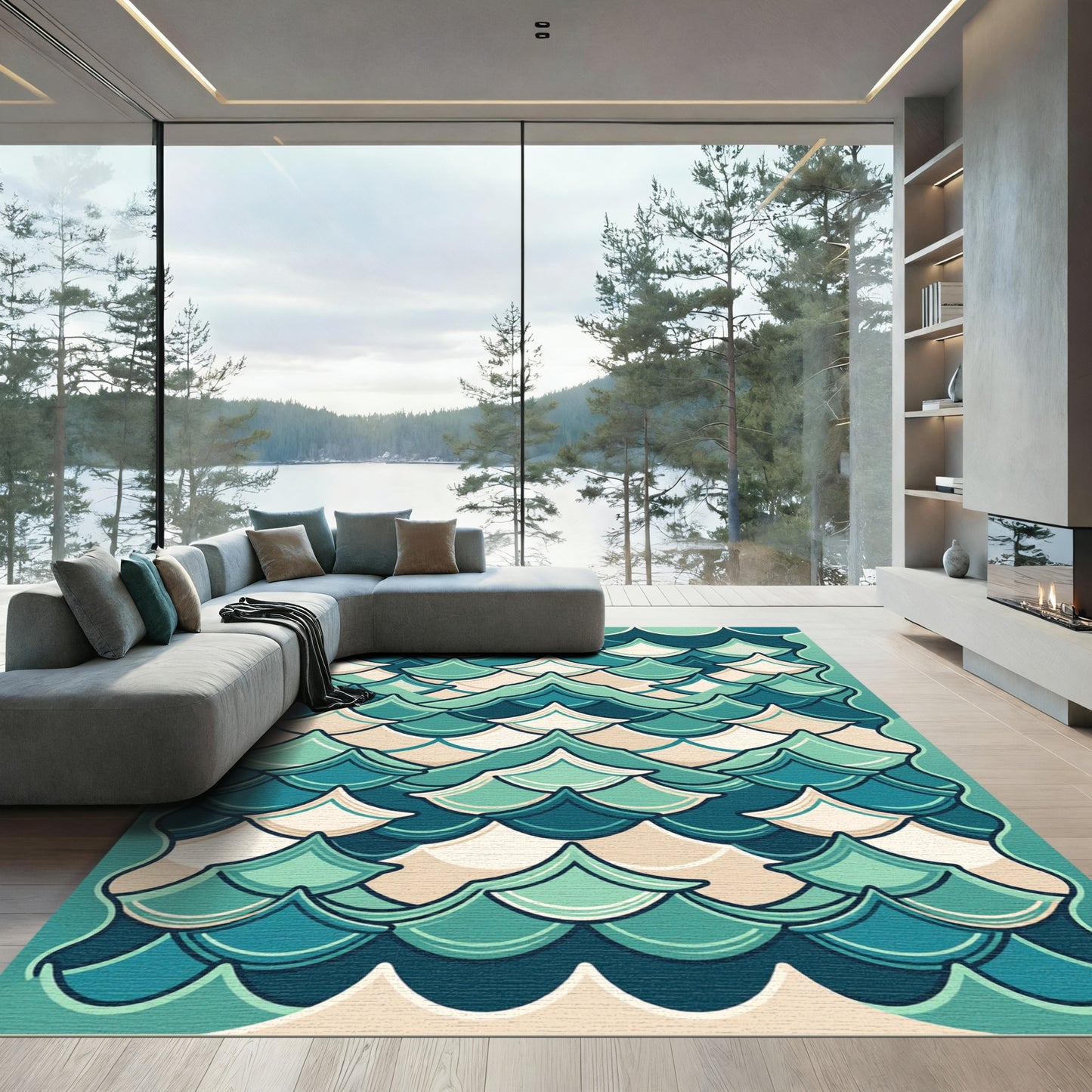 Teal and Cream Scalloped Wave Art Rug
