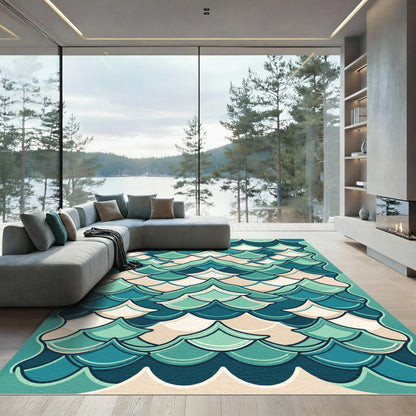 Teal and Cream Scalloped Wave Art Rug