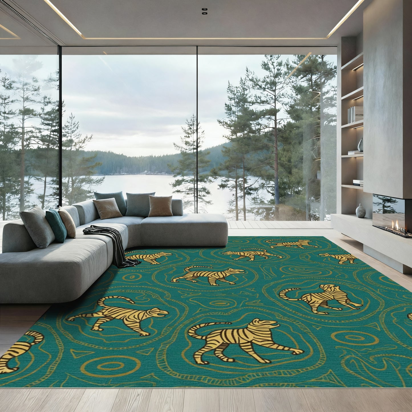 Teal Gold Tiger Jungle Abstract Rug