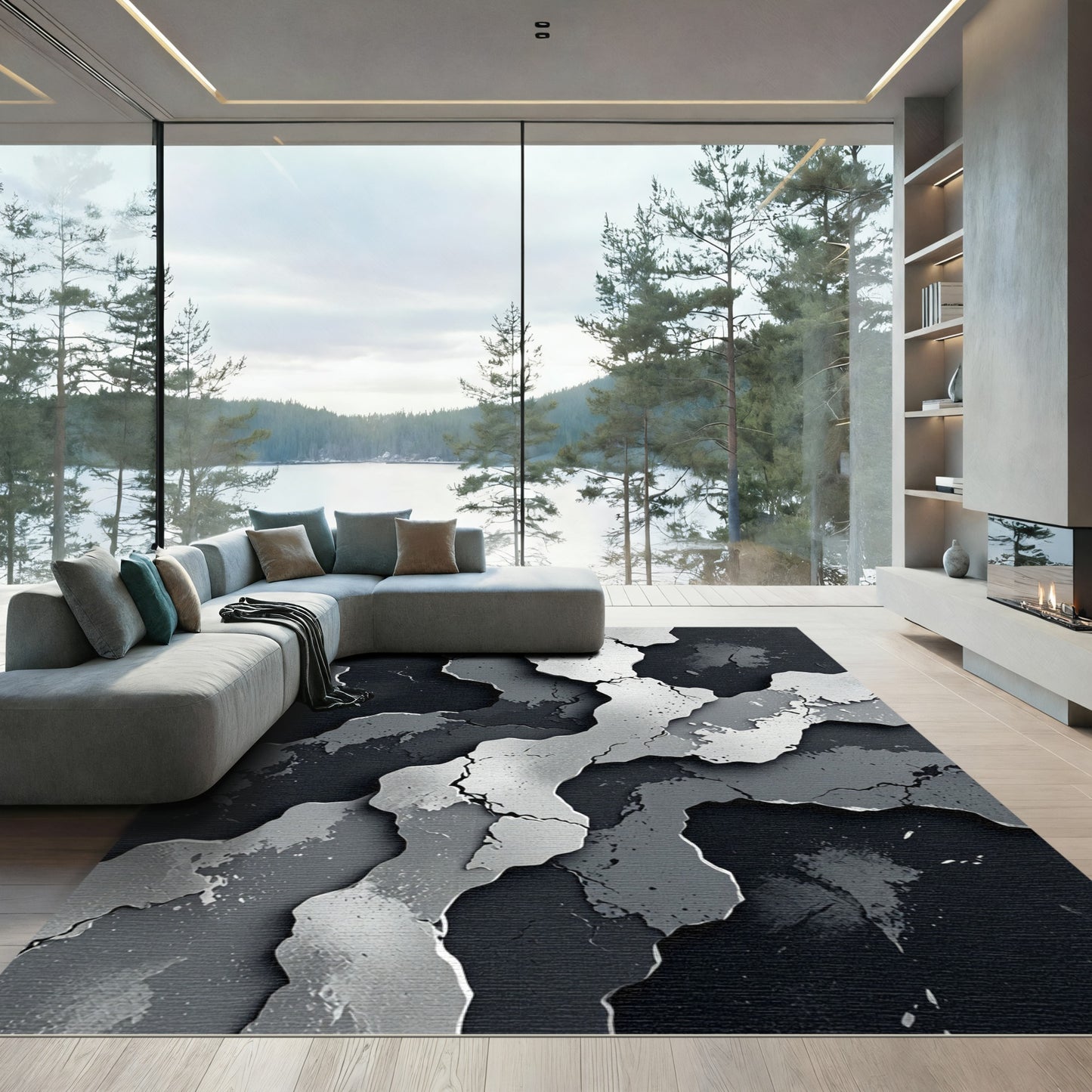Monochrome Abstract Cracked Stone Texture Rug