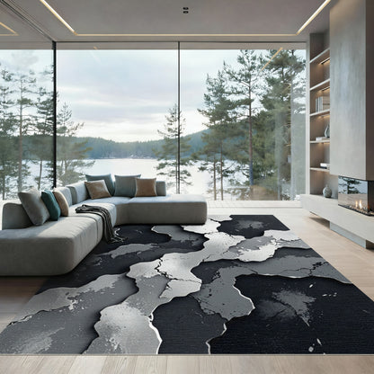 Monochrome Abstract Cracked Stone Texture Rug