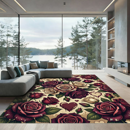 Romantic Crimson Rose Bouquet with Hearts Rug
