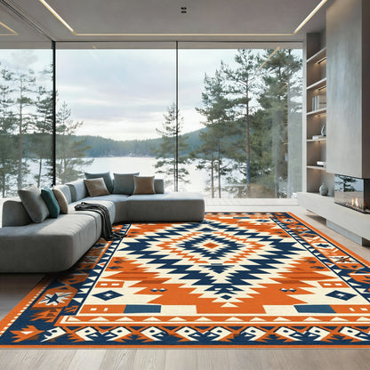 Navajo Inspired Orange Blue Geometric Rug