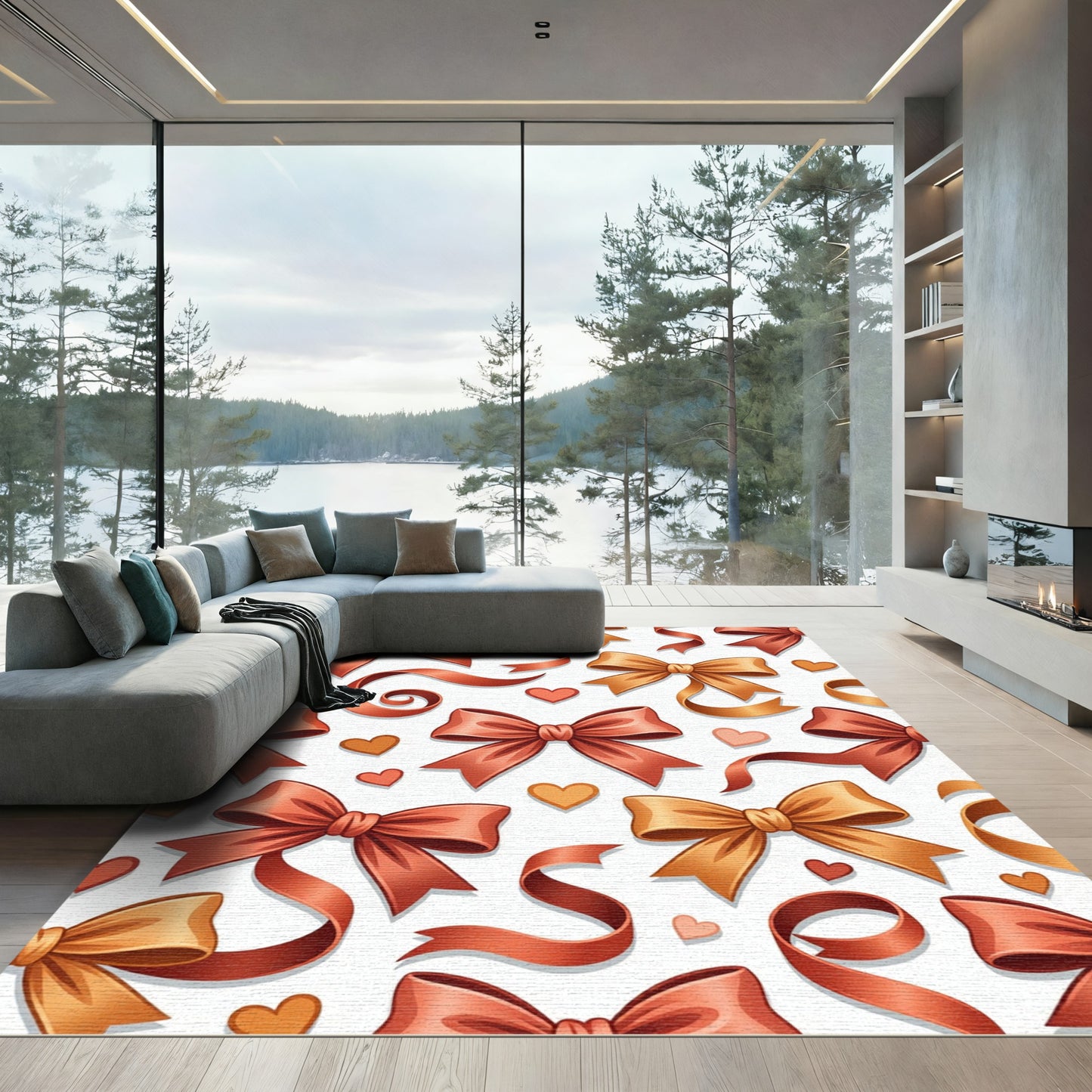 Charming Copper Ribbon and Heart Illustration Rug