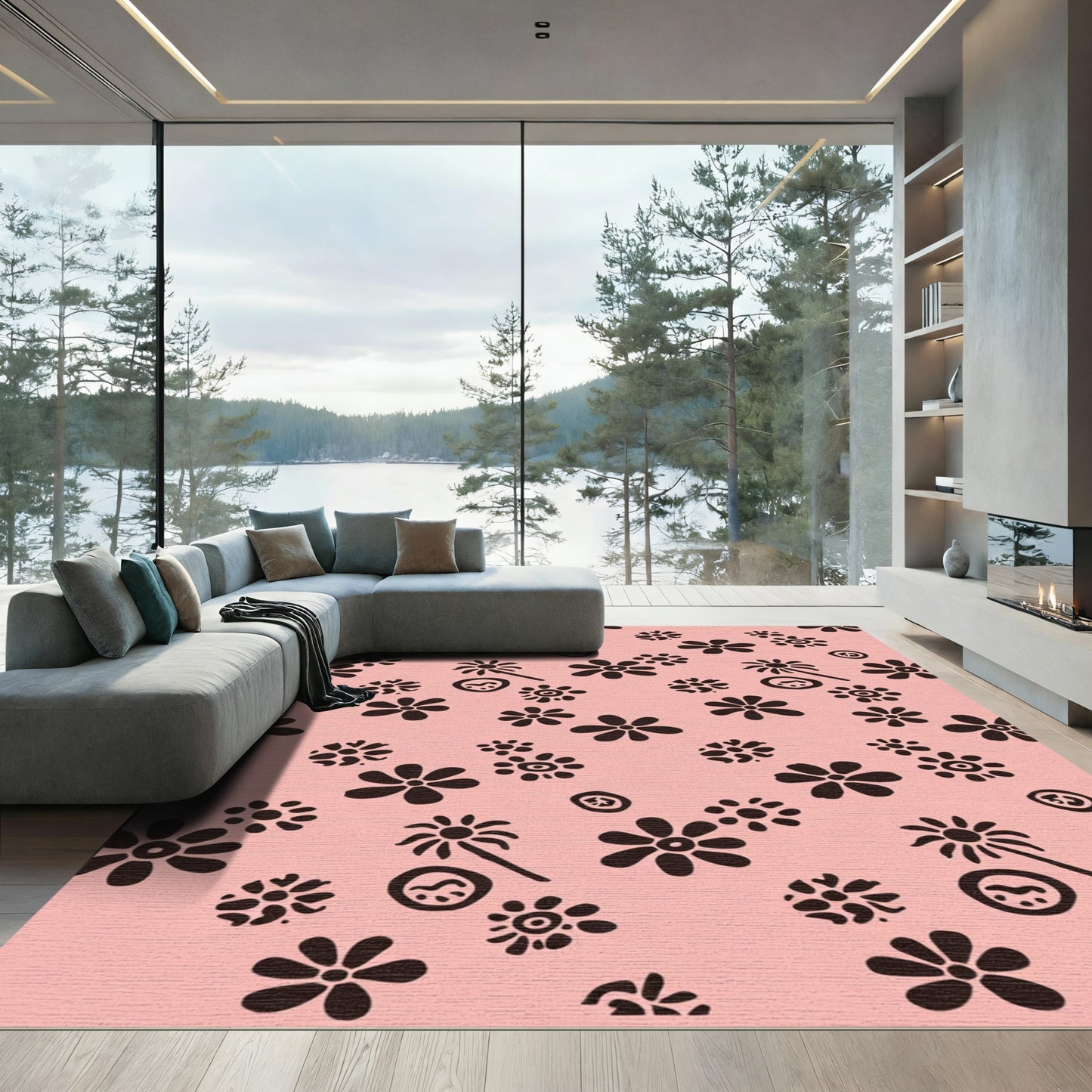 Pink Black Blossom Field Sprinkle Rug