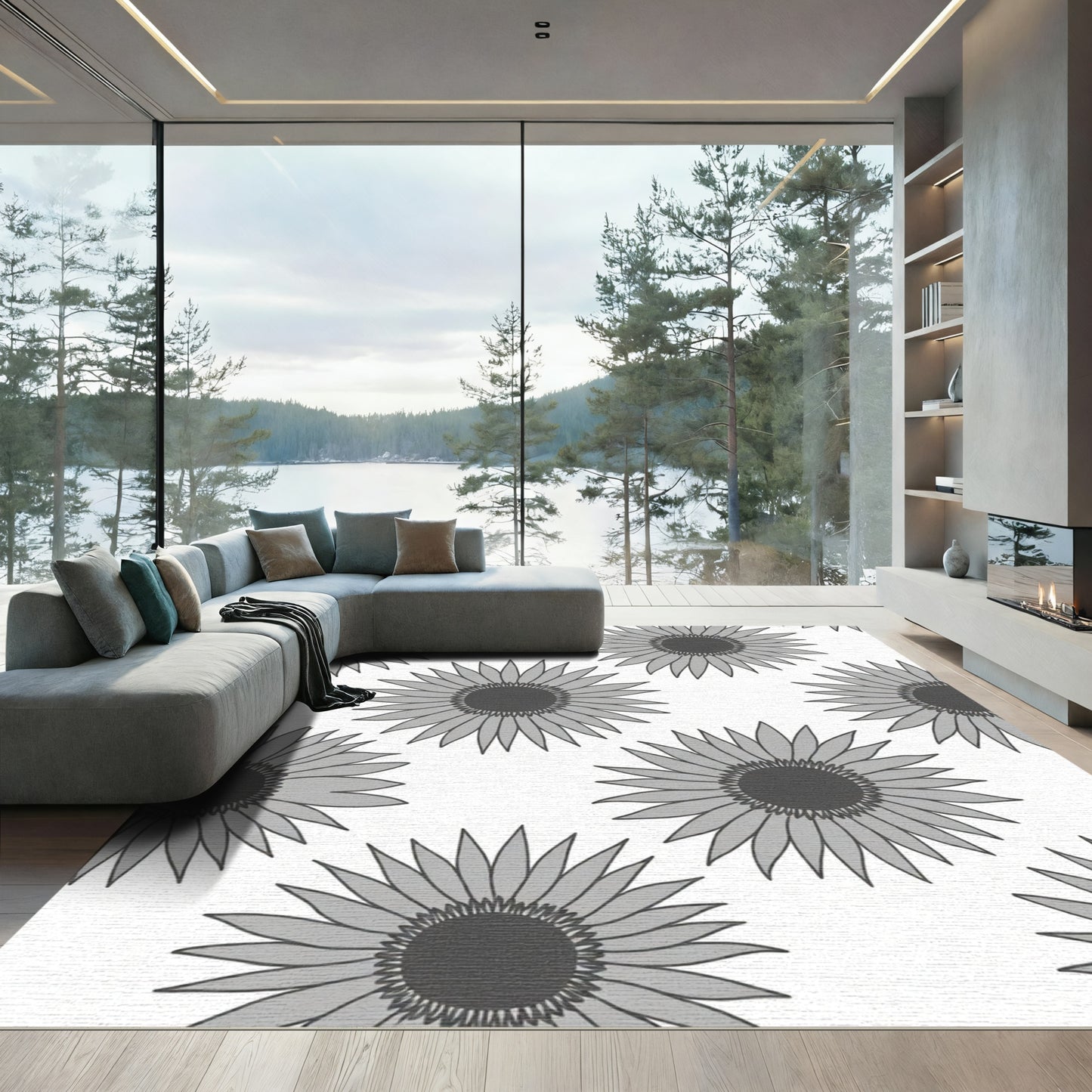 Gray Floral Radiating Bloom Rug