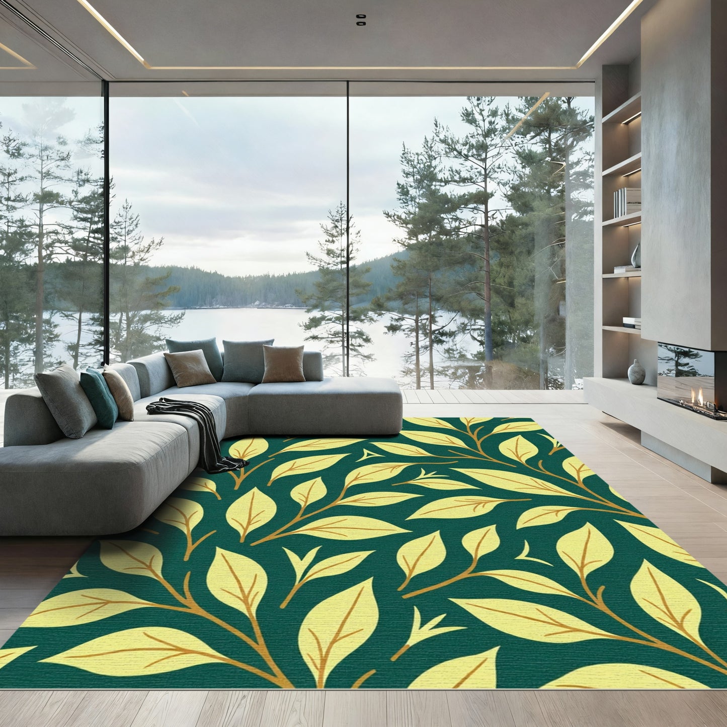 Teal Yellow Leafy Branch Pattern Rug