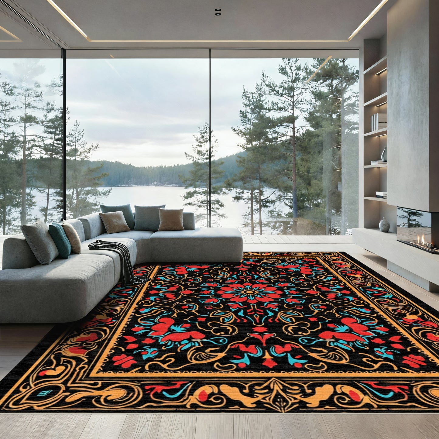 Bold Red Blue Floral Medallion Artwork Rug
