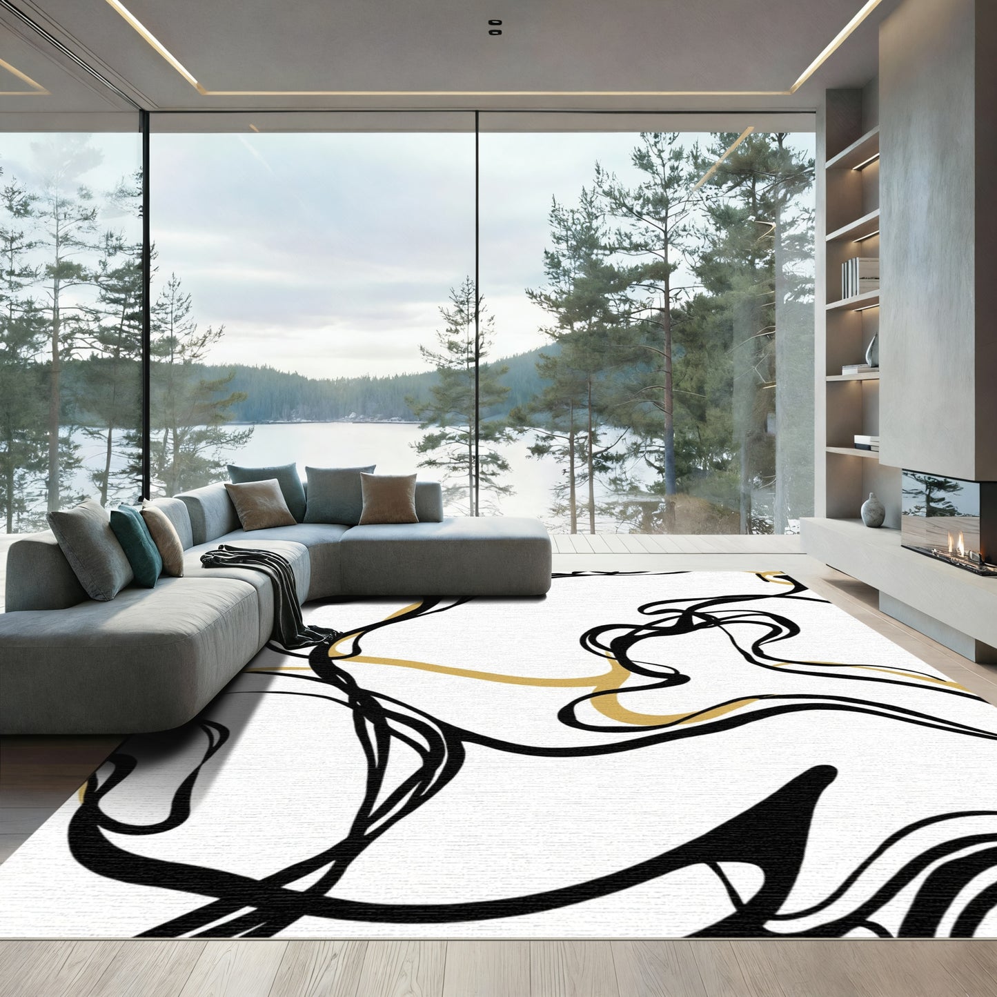 Abstract Gold Black Swirls Rug