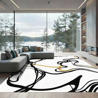 Abstract Gold Black Swirls Rug
