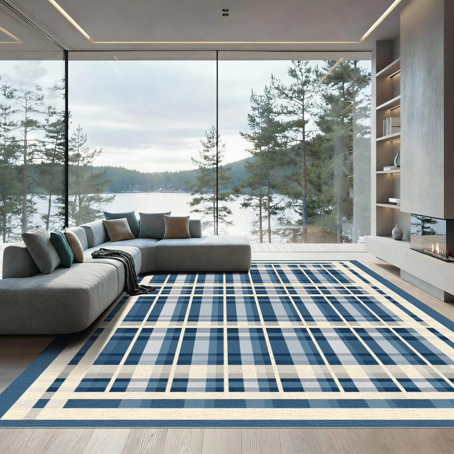 Contemporary Blue Cream Plaid Grid Rug