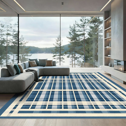 Contemporary Blue Cream Plaid Grid Rug