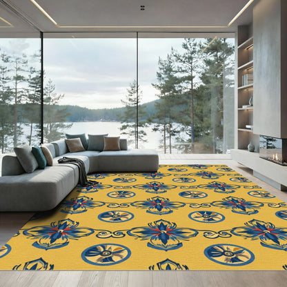 Golden Blue Floral Medallion Row Rug