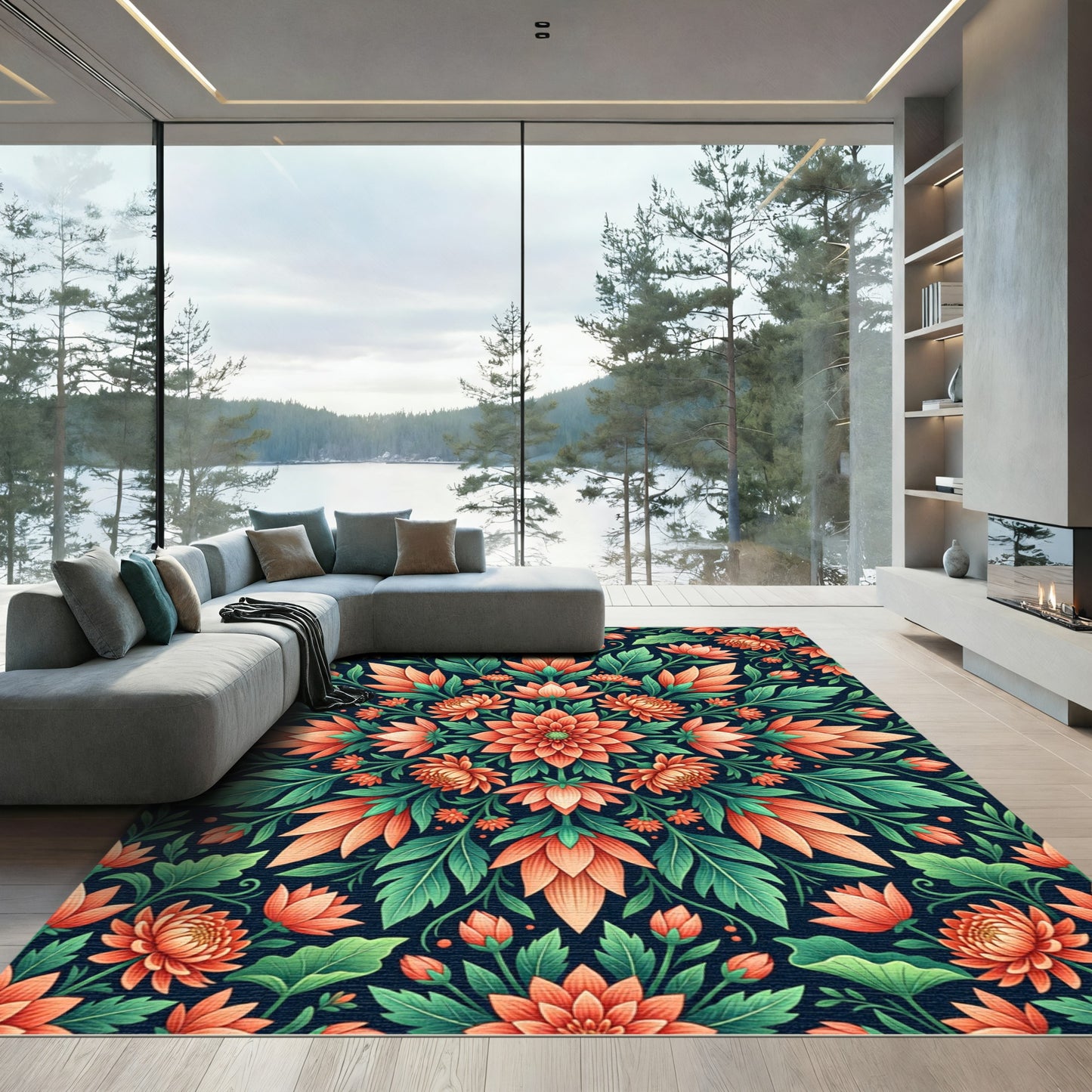 Symmetrical Coral Floral Botanical Medallion Rug