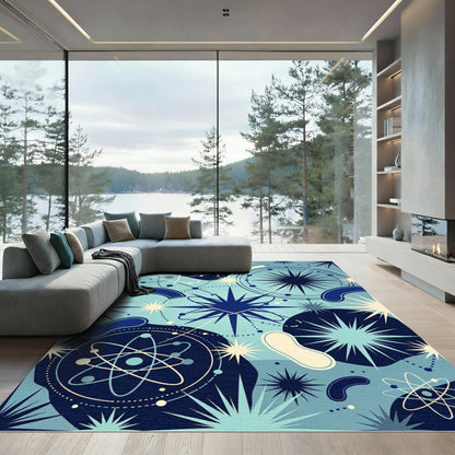 Abstract Atomic Blue Starburst Collage Rug
