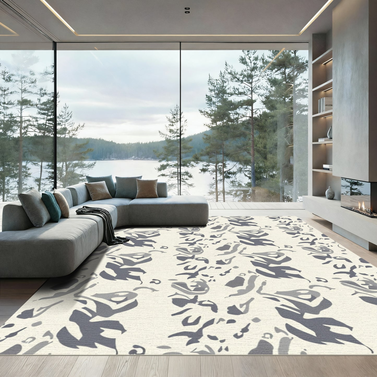 Gray Abstract Brushstroke Floral Rug