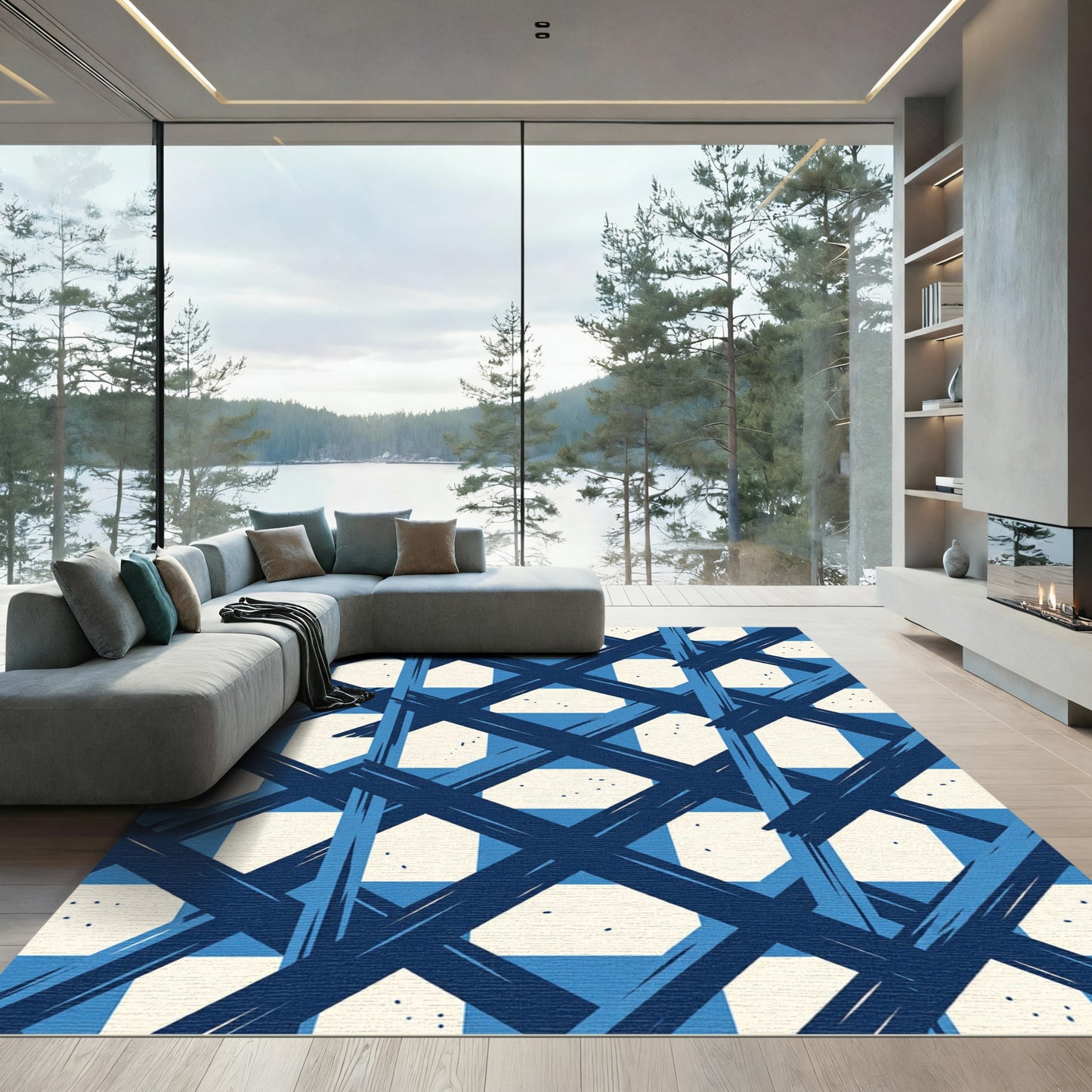 Navy Blue White X Grid Rug