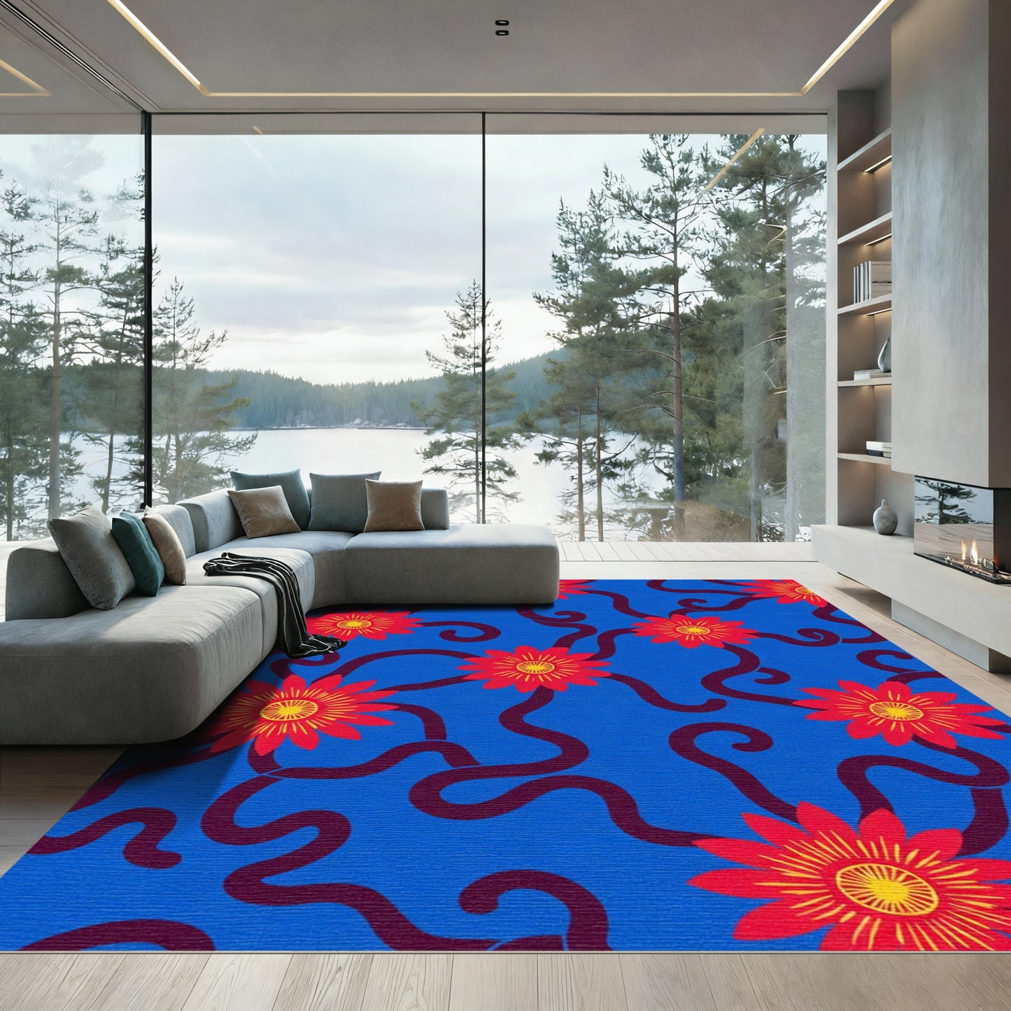 Crimson Flower Swirl on Cobalt Field Rug