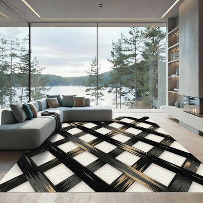 Modern Black and Gold Woven Plaid Rug