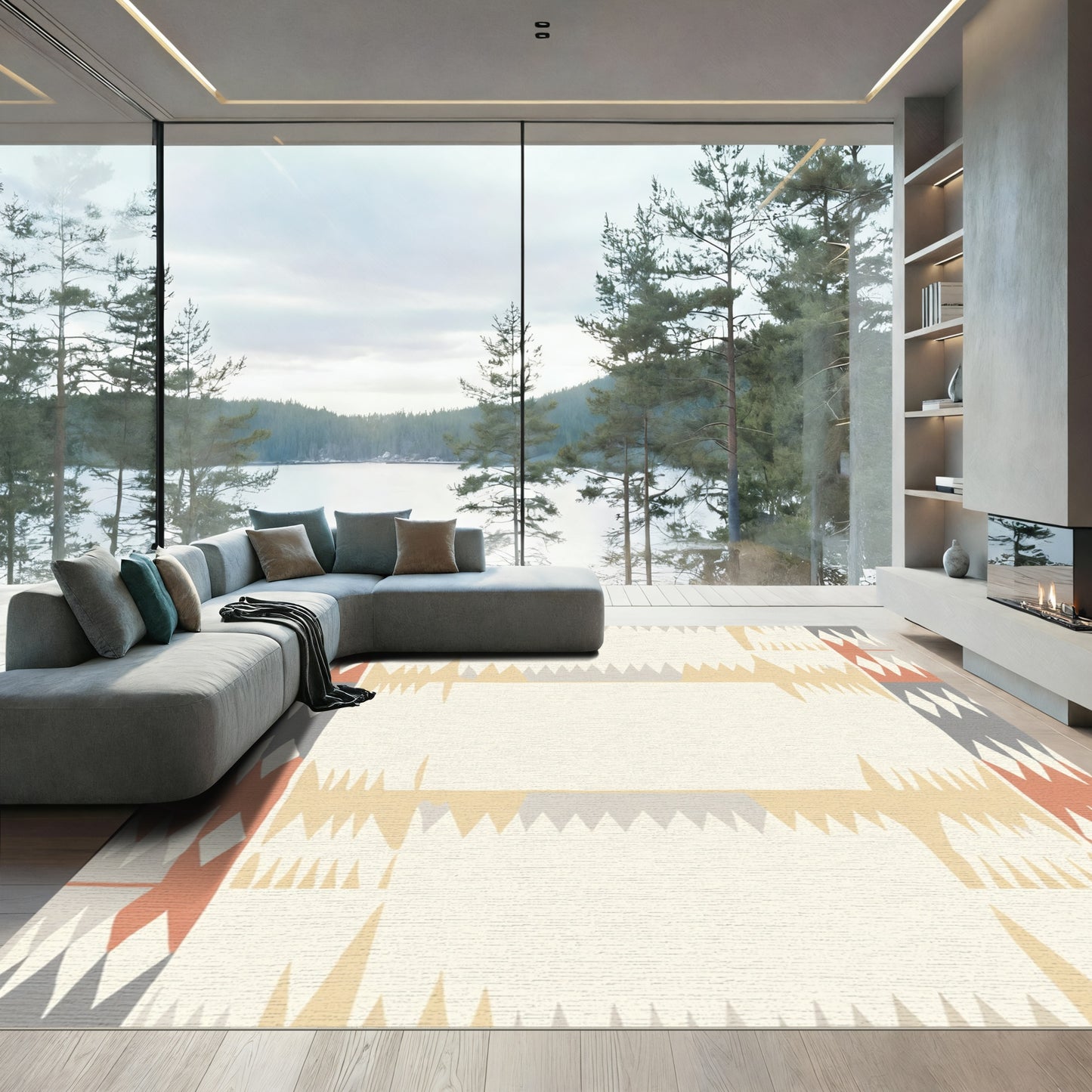 Geometric Coral Gray Ochre Diamond Rug