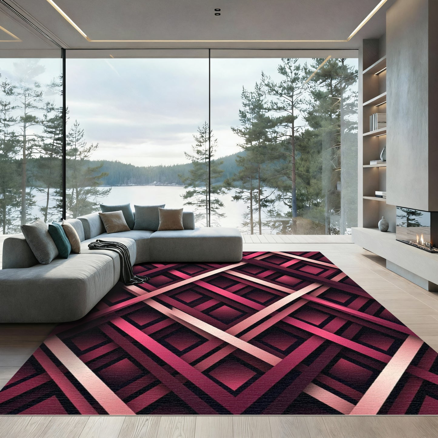 Geometric Burgundy and Rose Intersecting Lattice Rug