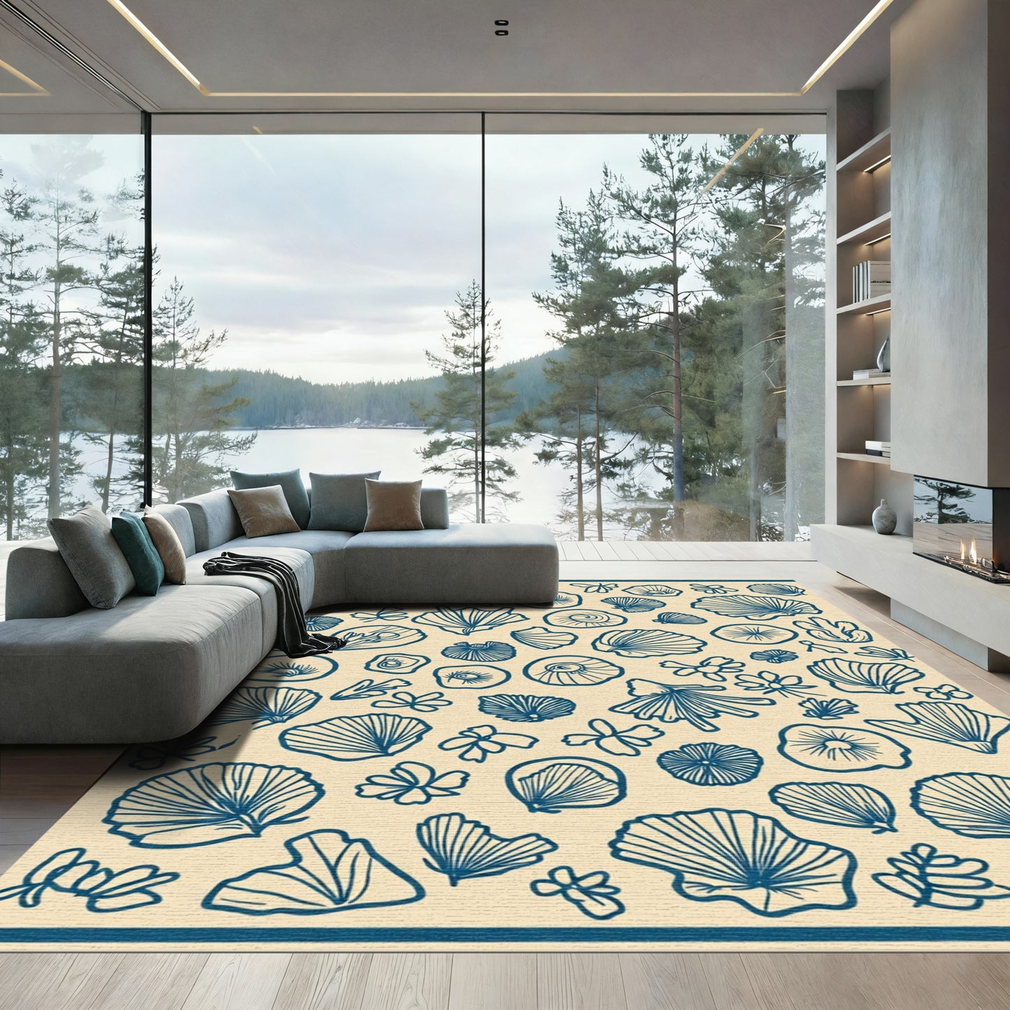 Blue Shell And Flora Scatter Rug