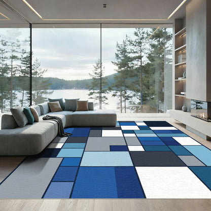 Modern Blue Gray Geometric Square Rug