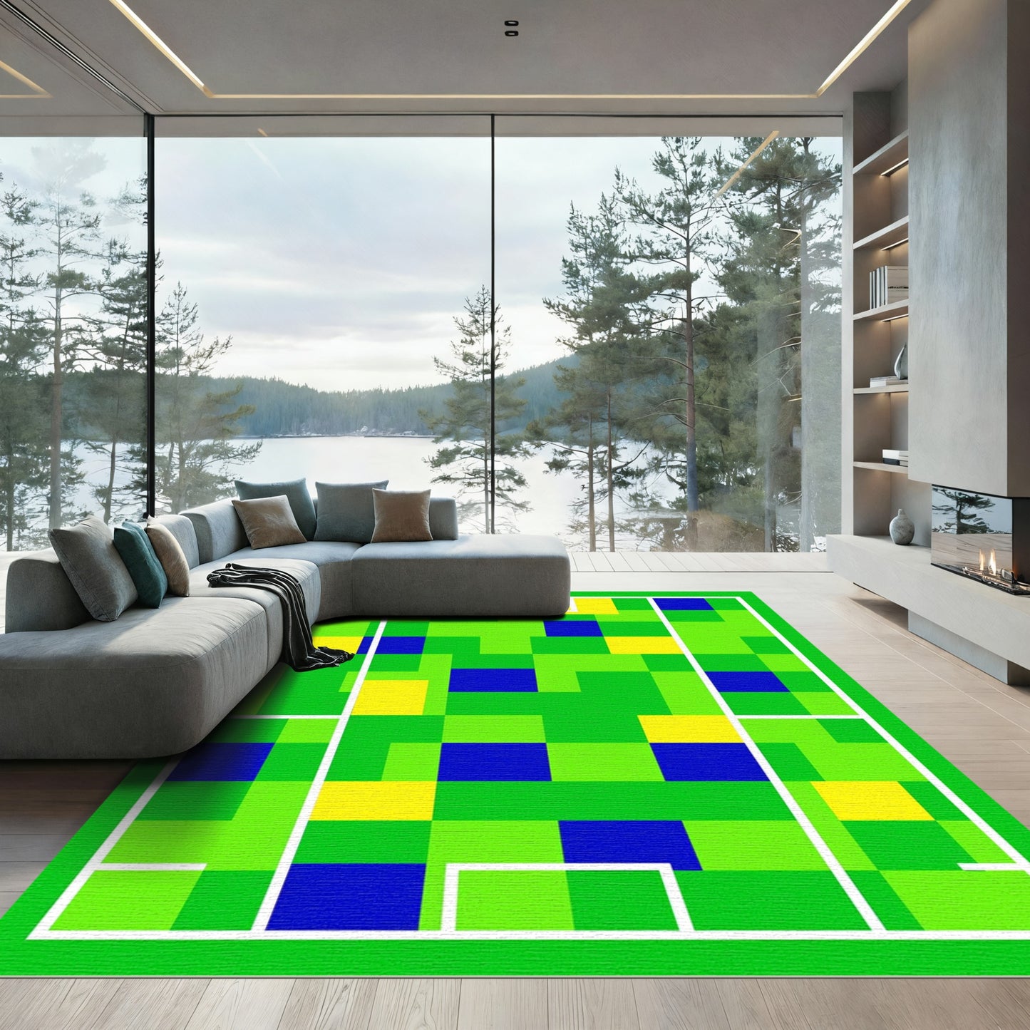Green Blue Yellow Pixelated Grid Rug