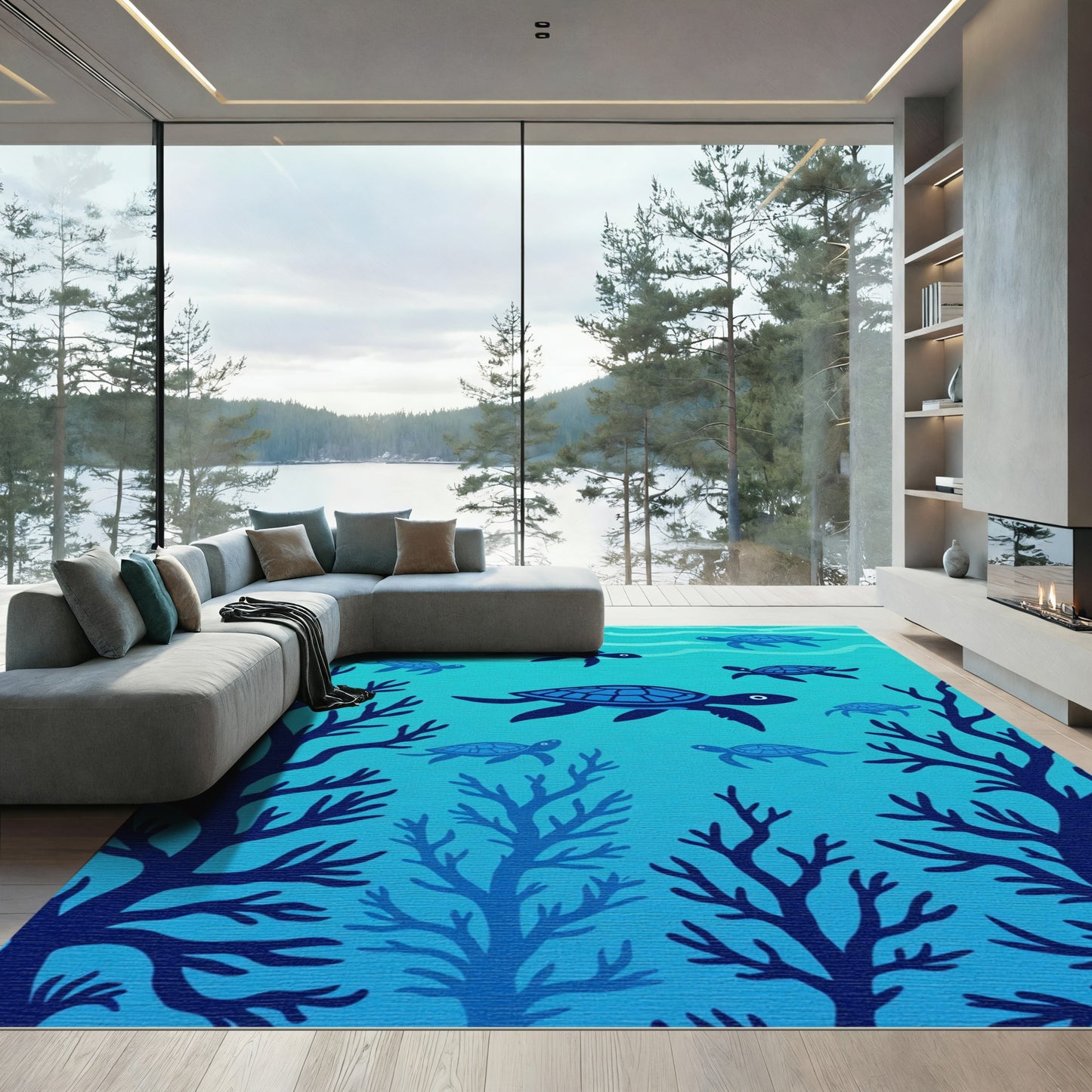 Ocean Blue Turtle Coral Scene Rug