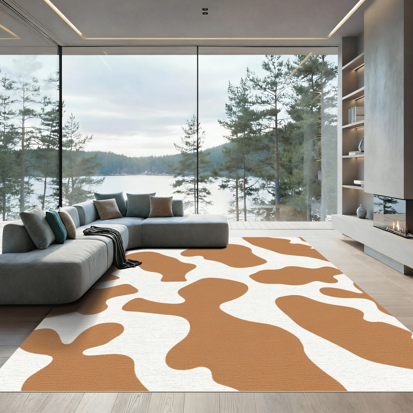 Brown White Abstract Blob Rug