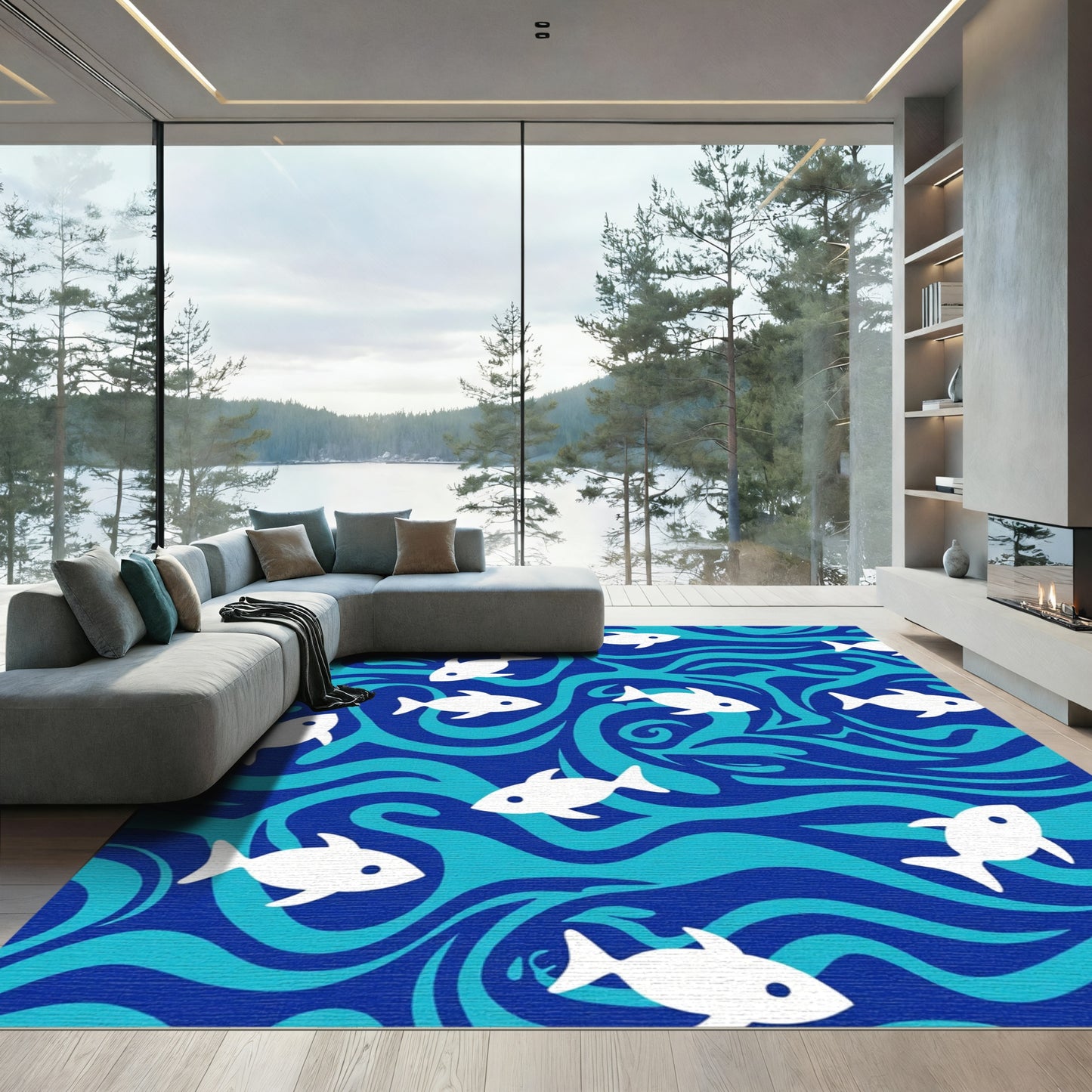 White Fish In Blue Swirls Rug