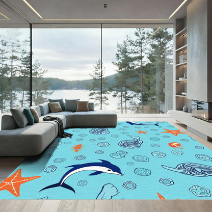 Marine Life Blue Starfish Dolphin Creatures Rug