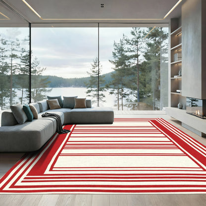 Bold Red Bordered Striped Rug