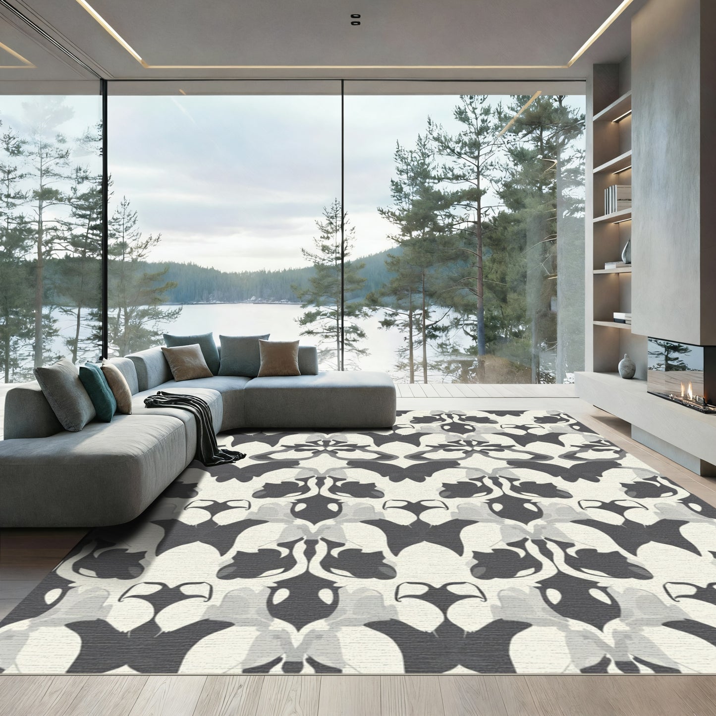 Monochromatic Abstract Rorschach Symmetry Rug
