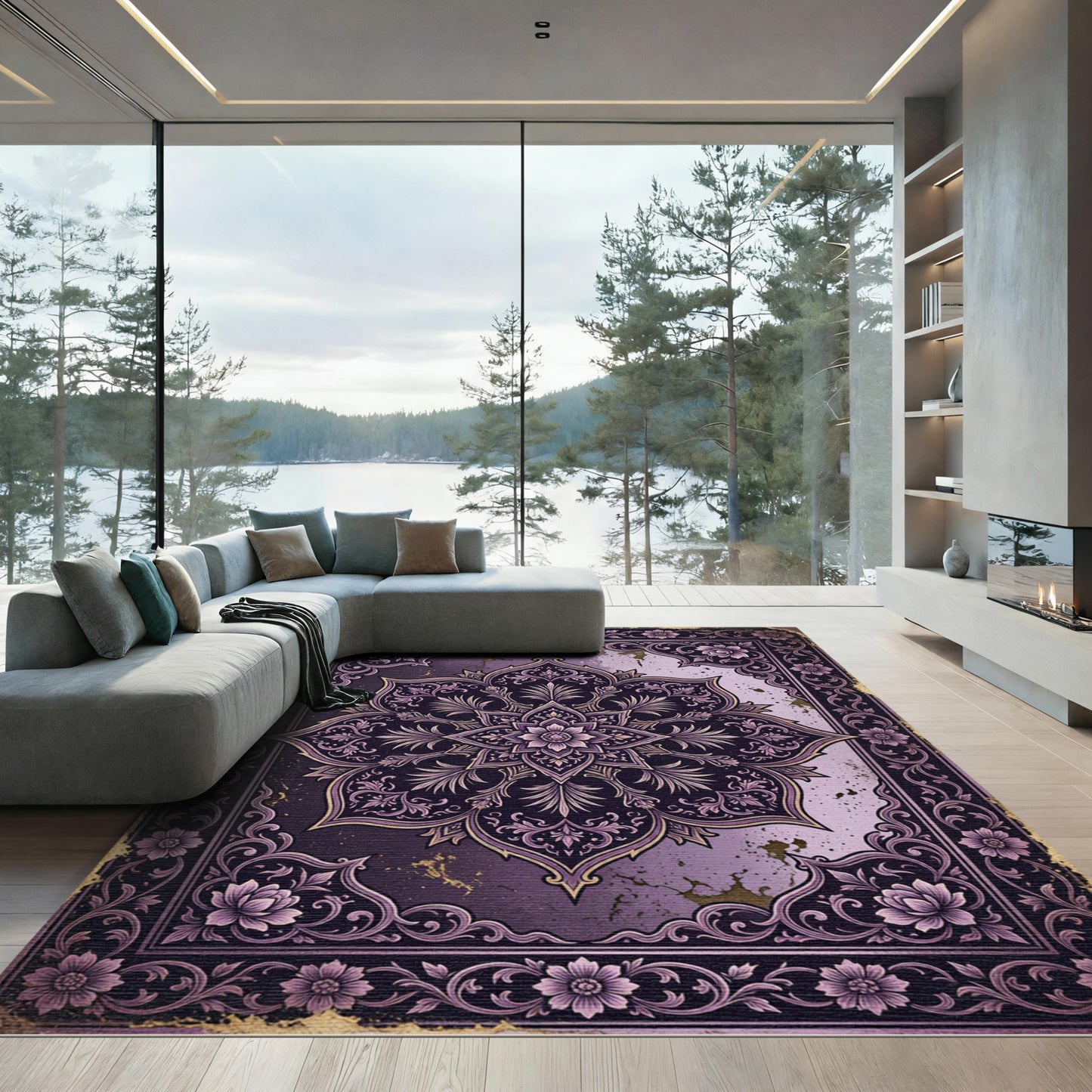 Ornate Purple Floral Mandala Rug