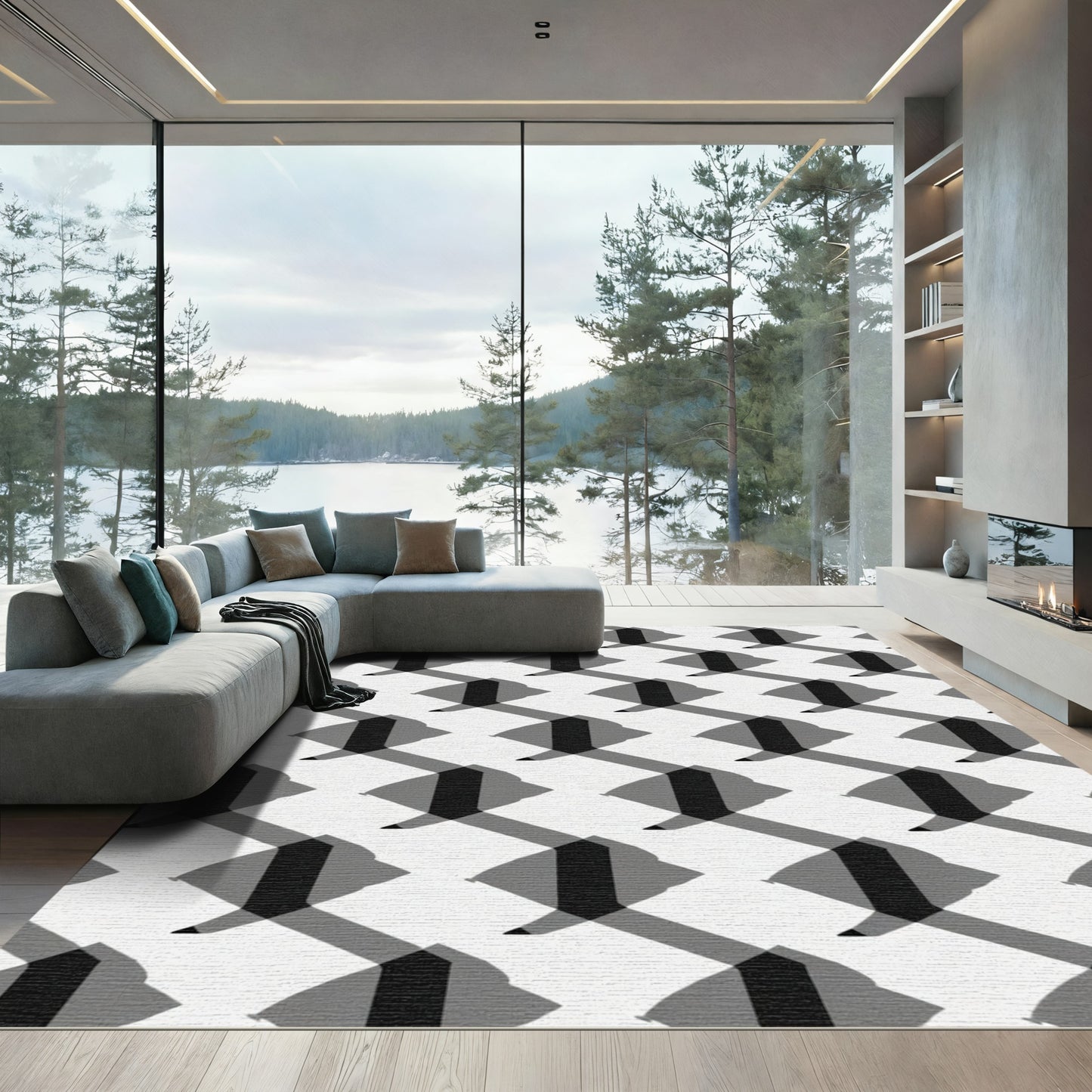 Monochromatic Geometric Faceted Tile Rug