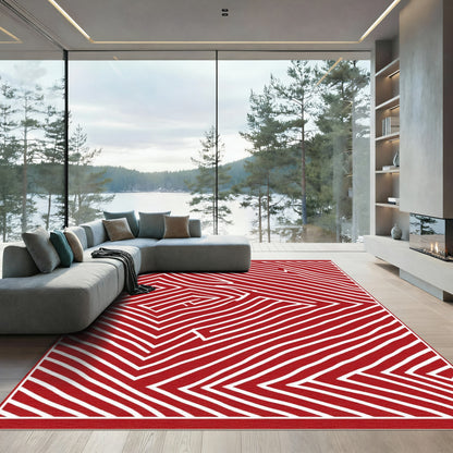 Crimson White Wavy Geometric Abstraction Rug