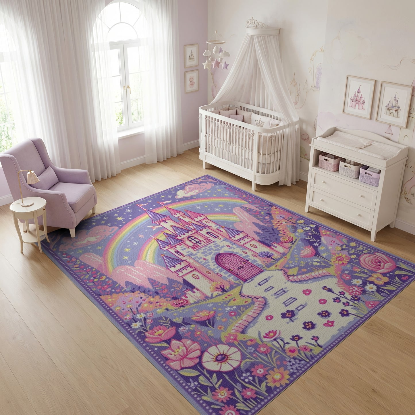 Whimsical Purple Castle Rainbow Rug