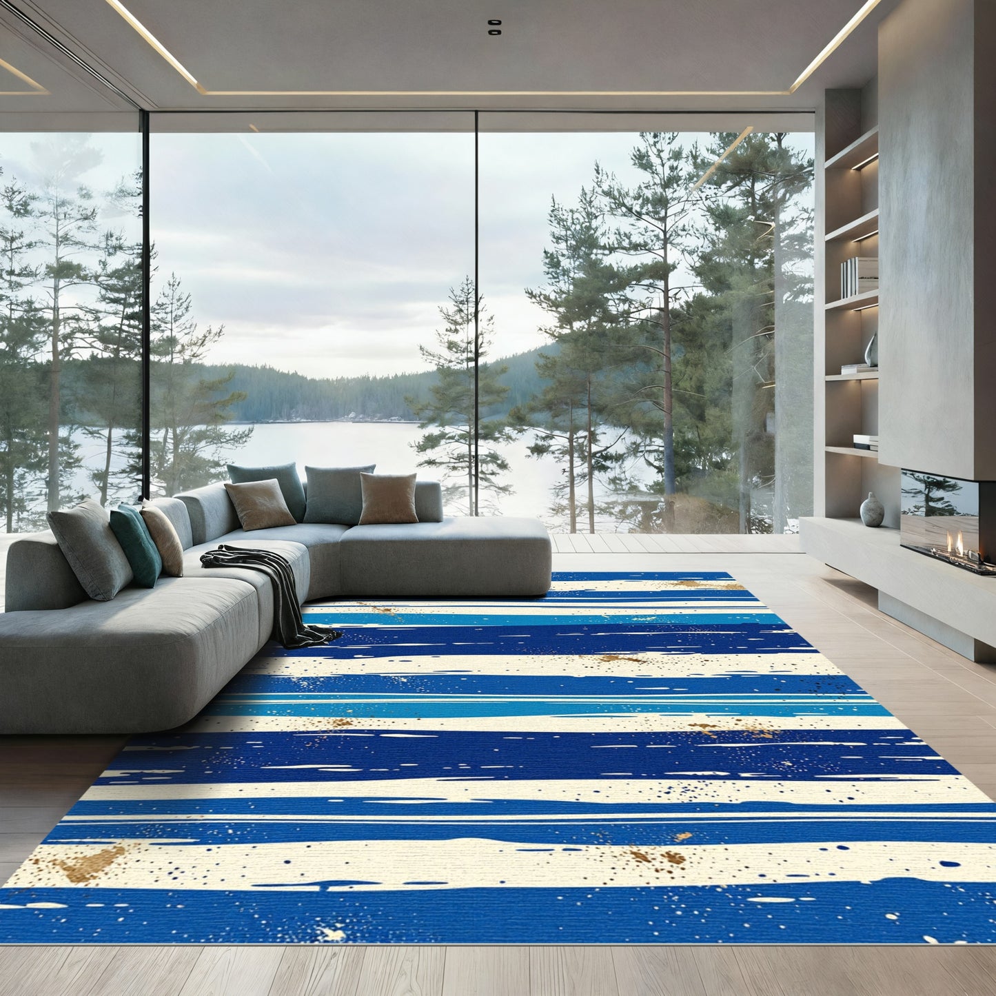 Golden Speckled Navy Blue Linear Stripes Rug