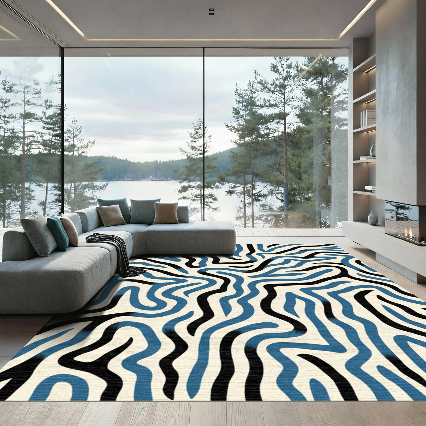 Abstract Blue Black Wavy Lines Rug