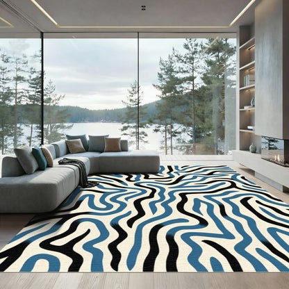 Abstract Blue Black Wavy Lines Rug