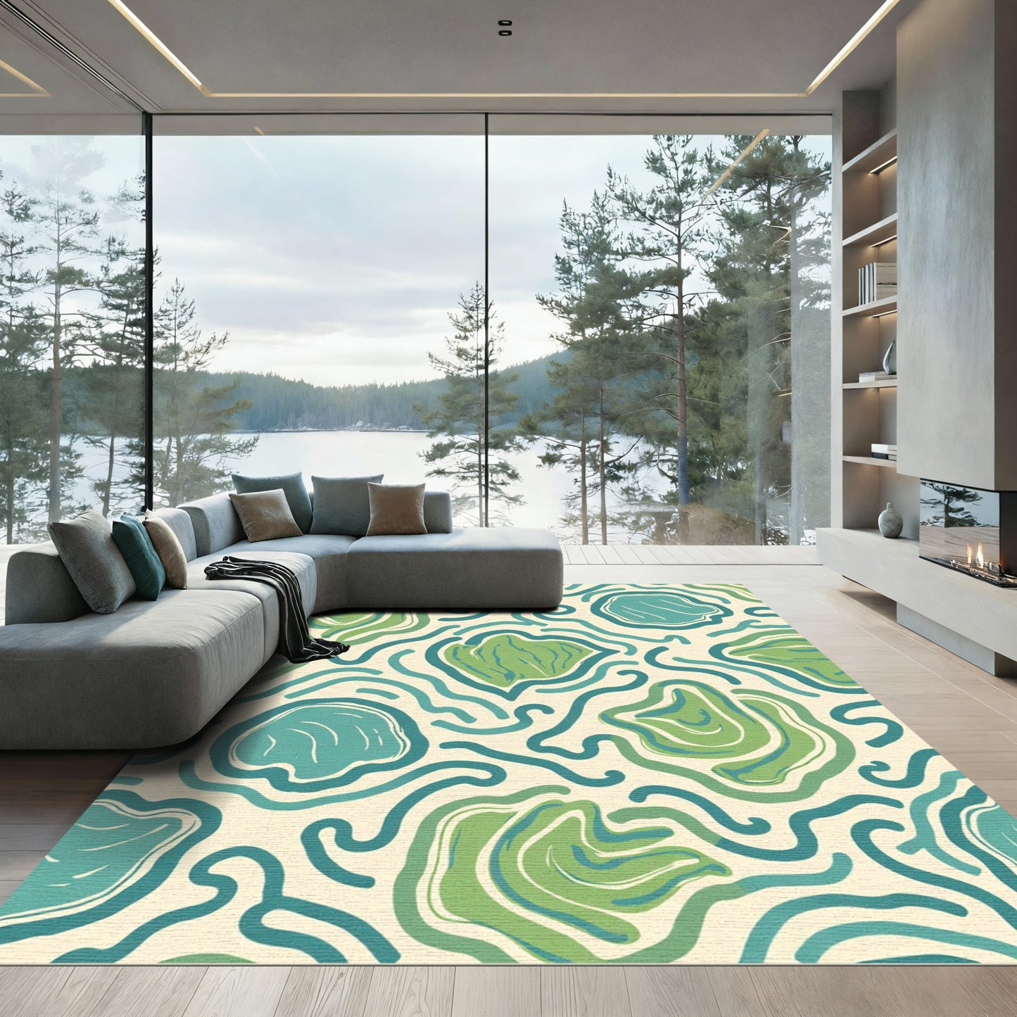 Aqua Green Wavy Organic Forms Rug