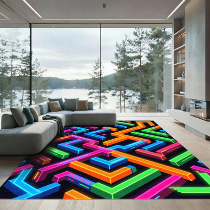 Neon Isometric Geometric Maze Rug