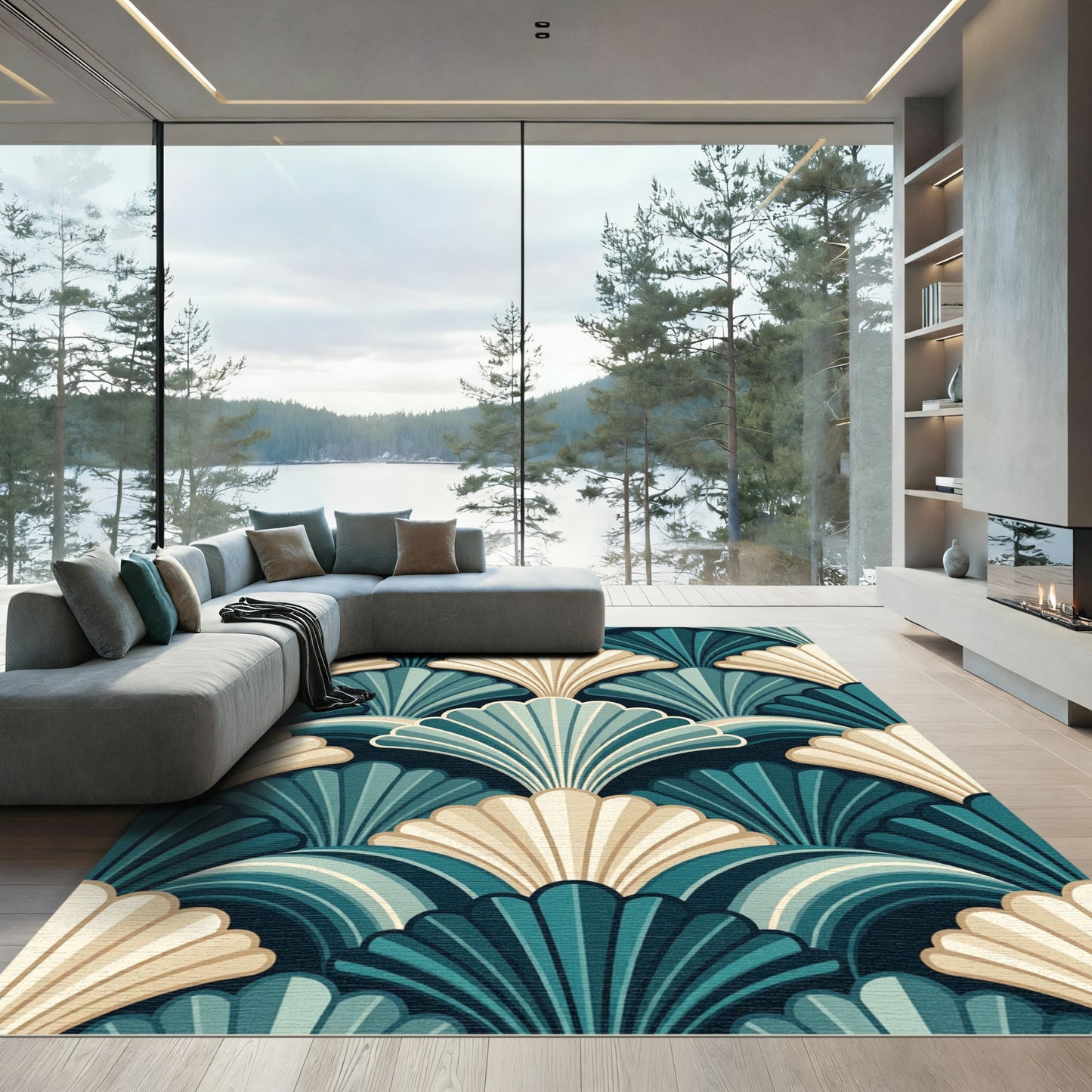 Art Deco Teal Cream Fan Repeats Rug