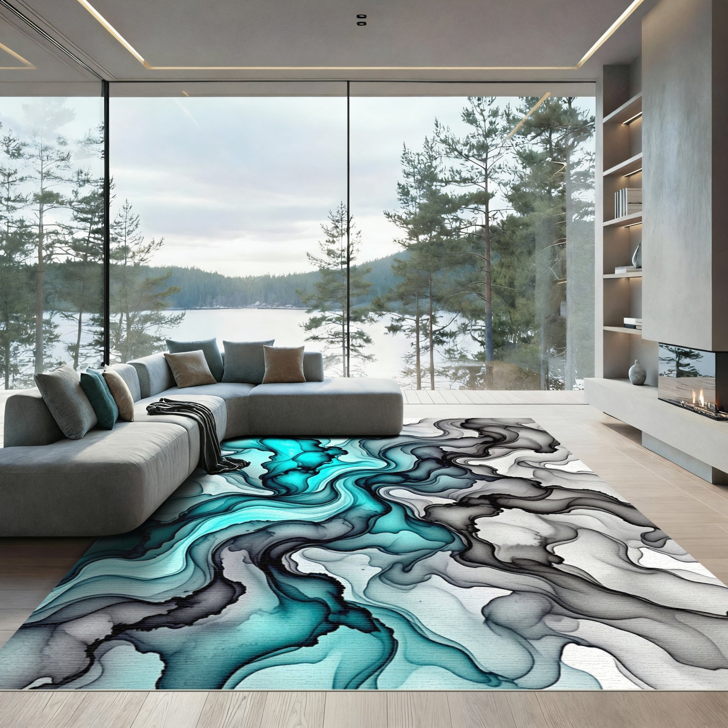 Turquoise Smoke Swirl Abstract Rug