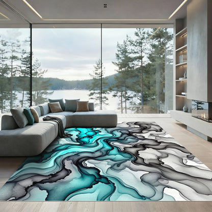 Turquoise Smoke Swirl Abstract Rug