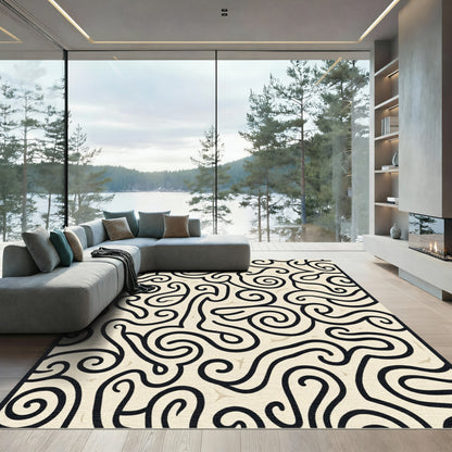 Creamy Black Swirl Abstract Flowing Rug