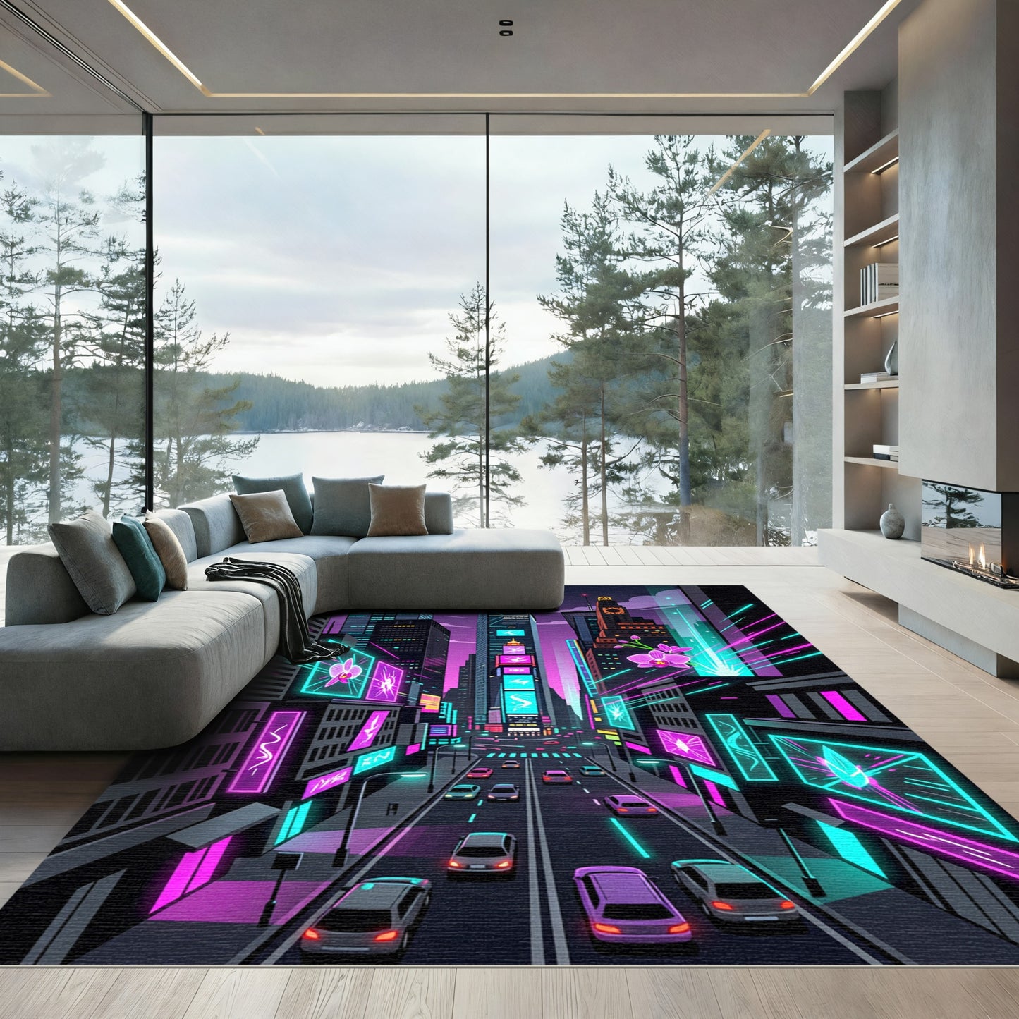 Neon Cyber Orchard Orchid Cityscape Rug